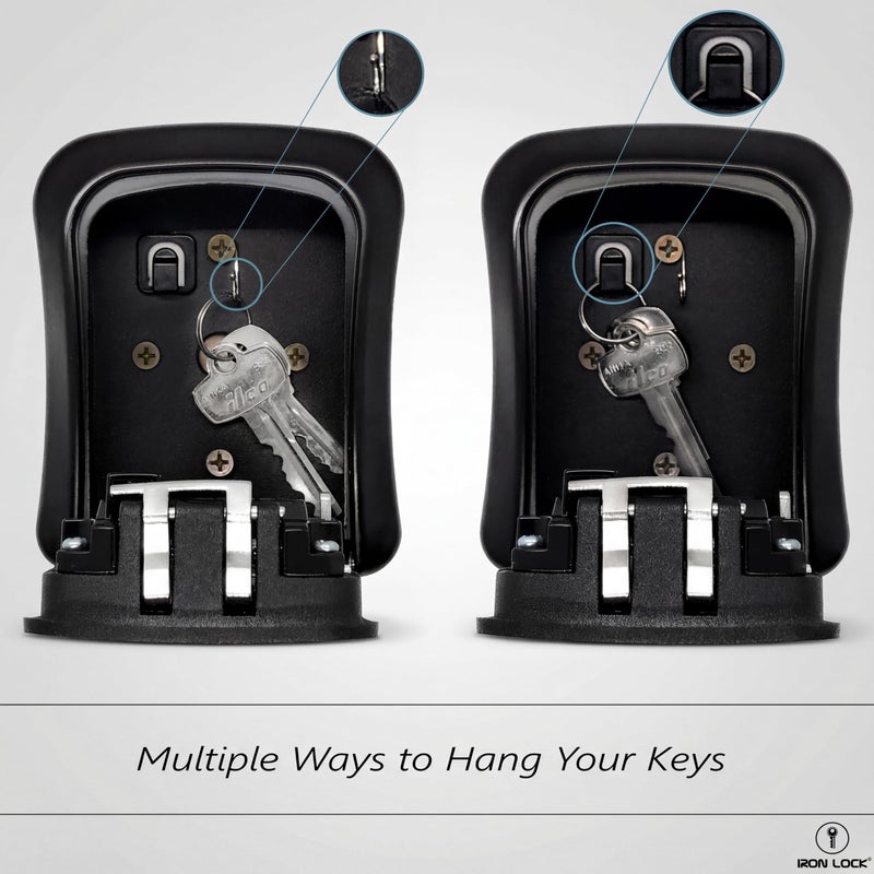 Iron Lock صندوق قفل المفاتيح Iron Lock® مثبت على الحائط - متوسط مقاوم للماء آمن معدني ثقيل مع تركيبة مكونة من 4 أرقام للوصول الخارجي، دخول المنزل، أمان المكتب، الإيجارات واستخدام Airbnb (أسود، متوسط) - Image 5